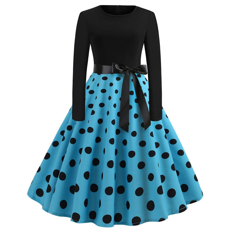 Sixsr Winter Christmas Dresses Women 50S 60S Vintage Robe Swing Pinup Elegant Party Dress Long Sleeve Casual Plus Size Print Black