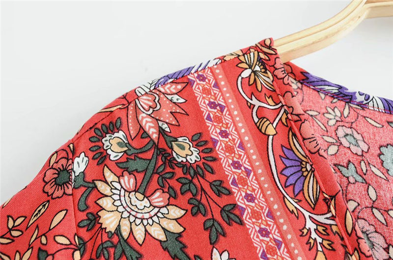 Sixsr Vintage chic vestidos women Floral print bat sleeve beach long Bohemian maxi dress Ladies sexy V neck Summer Boho happie dress