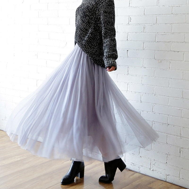 sixsr  Autumn Winter Vintage Tulle Skirt Women Elastic High Waist Mesh Skirts Long Pleated Tutu Skirt Female Jupe Longue