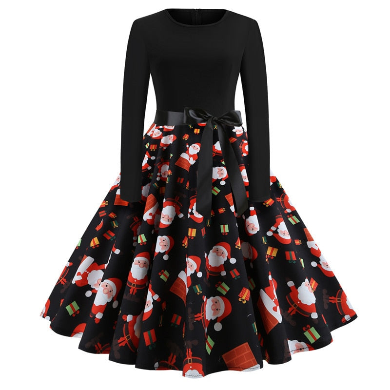 Sixsr Winter Christmas Dresses Women 50S 60S Vintage Robe Swing Pinup Elegant Party Dress Long Sleeve Casual Plus Size Print Black