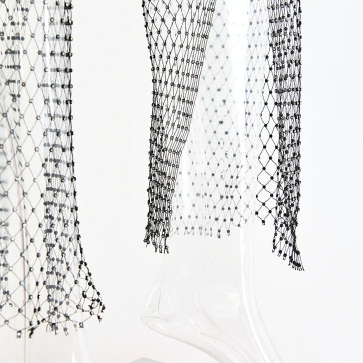 New Crystal Diamond Shiny Women Pants Summer Sexy Hollow Out Elastic Fishnet Trousers Fashion See Through Beachwear sixsr