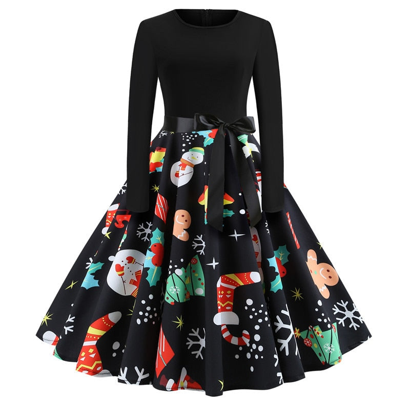 Sixsr Winter Christmas Dresses Women 50S 60S Vintage Robe Swing Pinup Elegant Party Dress Long Sleeve Casual Plus Size Print Black