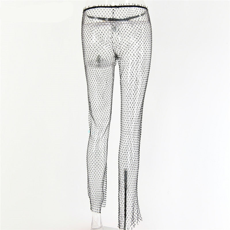 New Crystal Diamond Shiny Women Pants Summer Sexy Hollow Out Elastic Fishnet Trousers Fashion See Through Beachwear sixsr