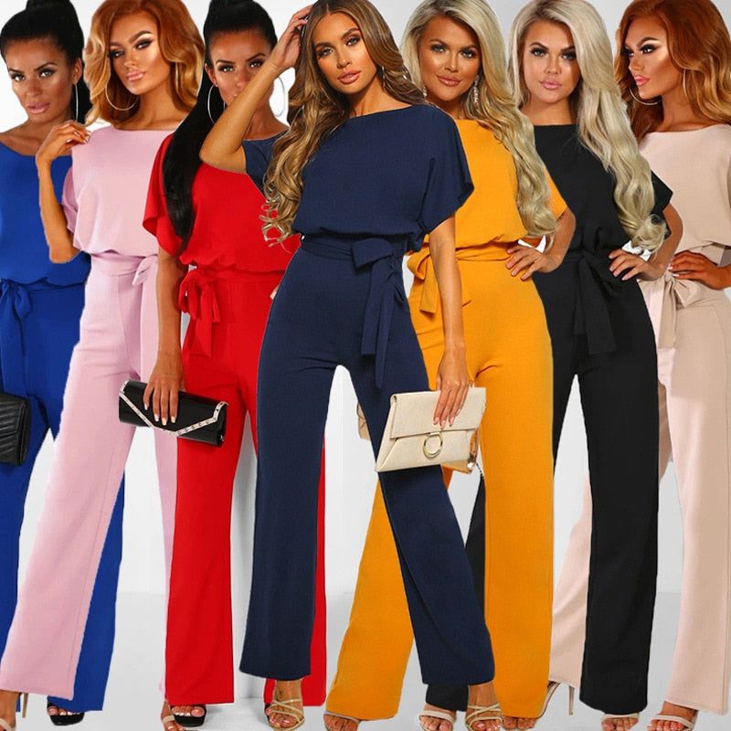 sixsr Women Summer Jumpsuit  Short Sleeve Elegant jumpsuit Long wide leg Pants High waist Casual Bodysuit Plus Size Overalls Loose