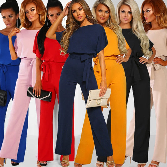 sixsr Women Summer Jumpsuit  Short Sleeve Elegant jumpsuit Long wide leg Pants High waist Casual Bodysuit Plus Size Overalls Loose