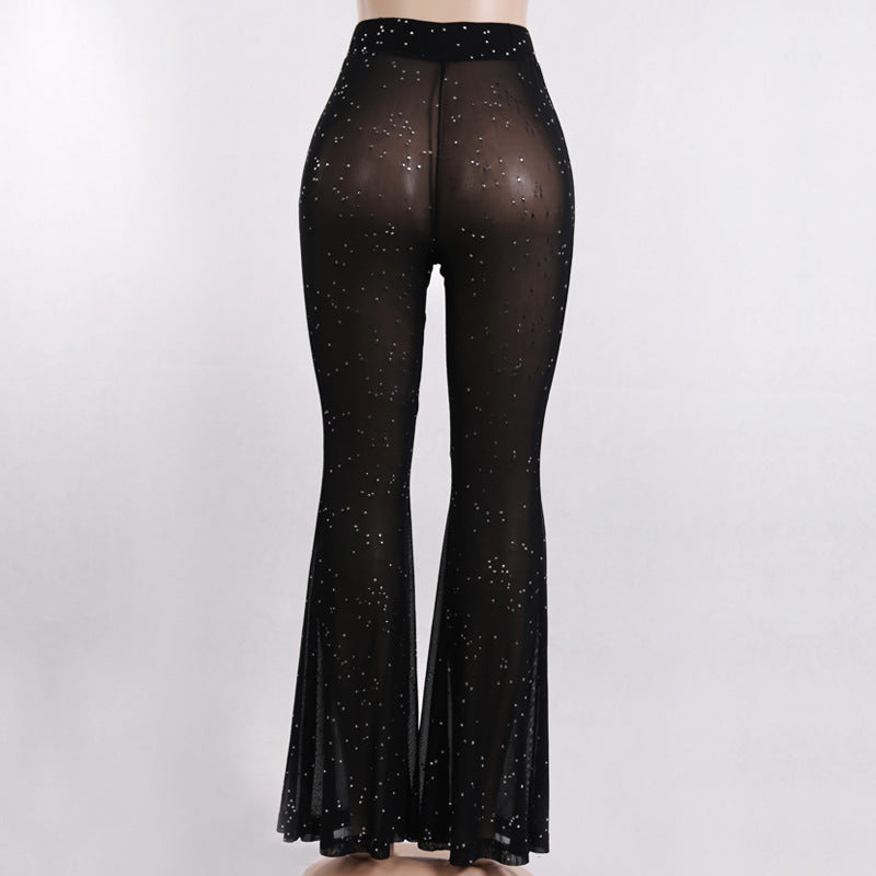 sixsr Hot Sparkly Rhinestone Black Mesh Sexy Flare Pants Streetwear Rave Bottoms See Through Beach Bell Bottom Pants C66-BE16