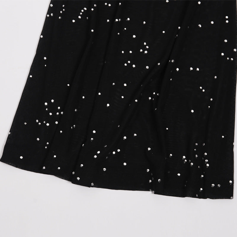 sixsr Hot Sparkly Rhinestone Black Mesh Sexy Flare Pants Streetwear Rave Bottoms See Through Beach Bell Bottom Pants C66-BE16