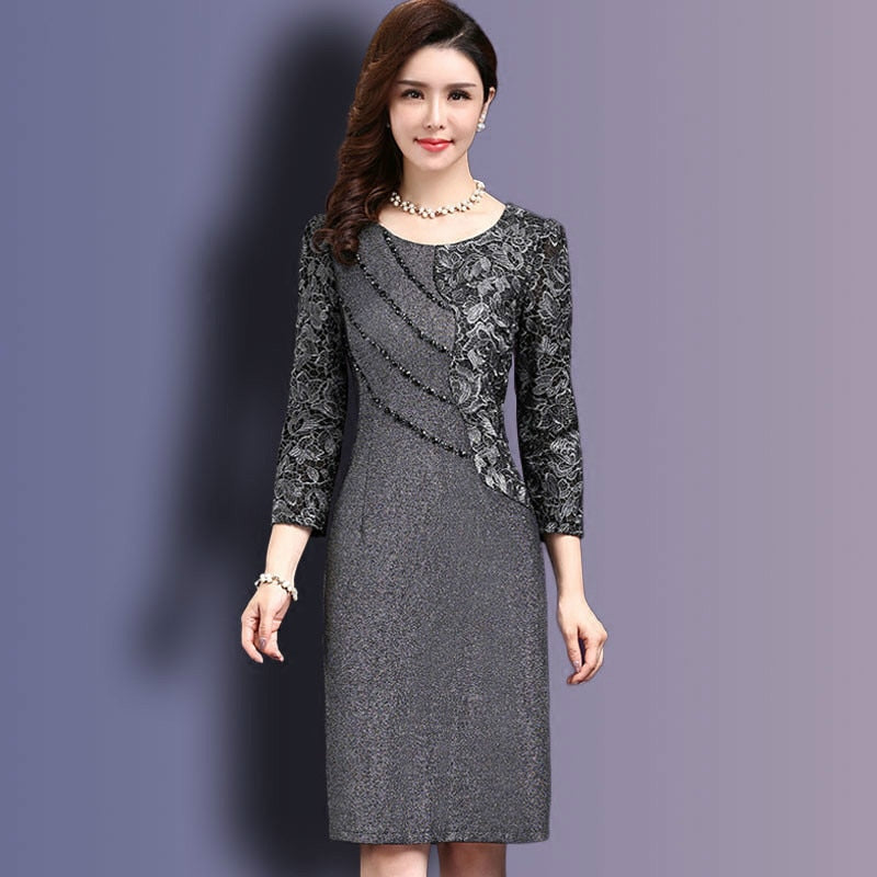 Sixsr Women Sexy Dress autumn Elegant Women Winter 3/4 Sleeve Knee Length Vintage Ol Work Wear Bodycon Lace Crochet Dresses 4XL