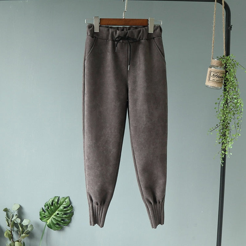 Casual Autumn Winter Women Pants Korean Elastic High Waist Pockets Suede Harem Pants Trousers Women Pantalon Femme