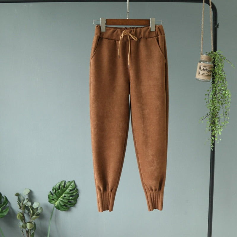 Casual Autumn Winter Women Pants Korean Elastic High Waist Pockets Suede Harem Pants Trousers Women Pantalon Femme