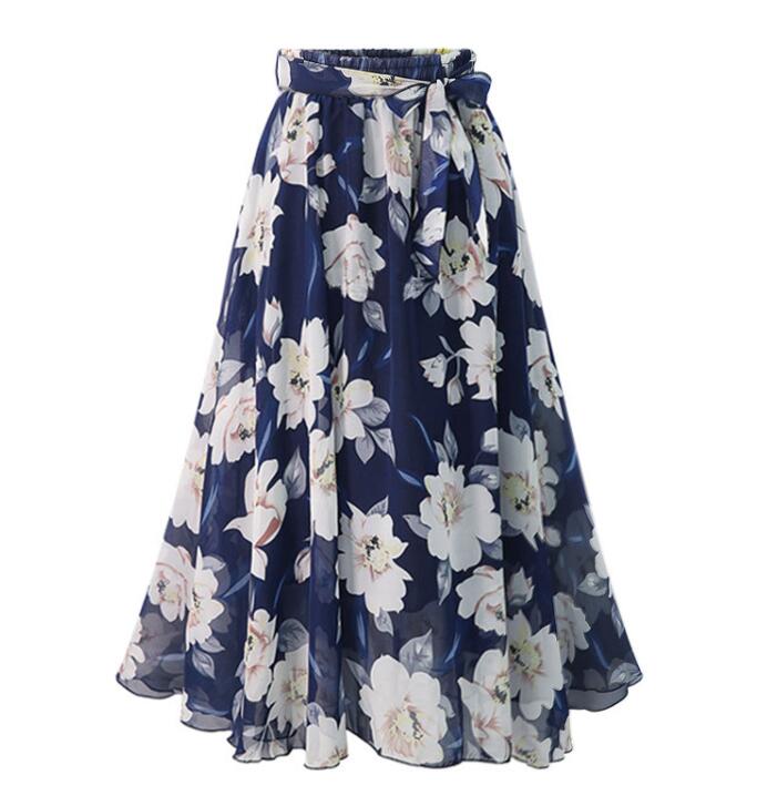 sixsr  New Plus Size Women Chiffon Skirt Europe Fashion Bow Saia Midi Lining Jupe Femme Lace Up Falda Mujer Summer Print Floral Skirts
