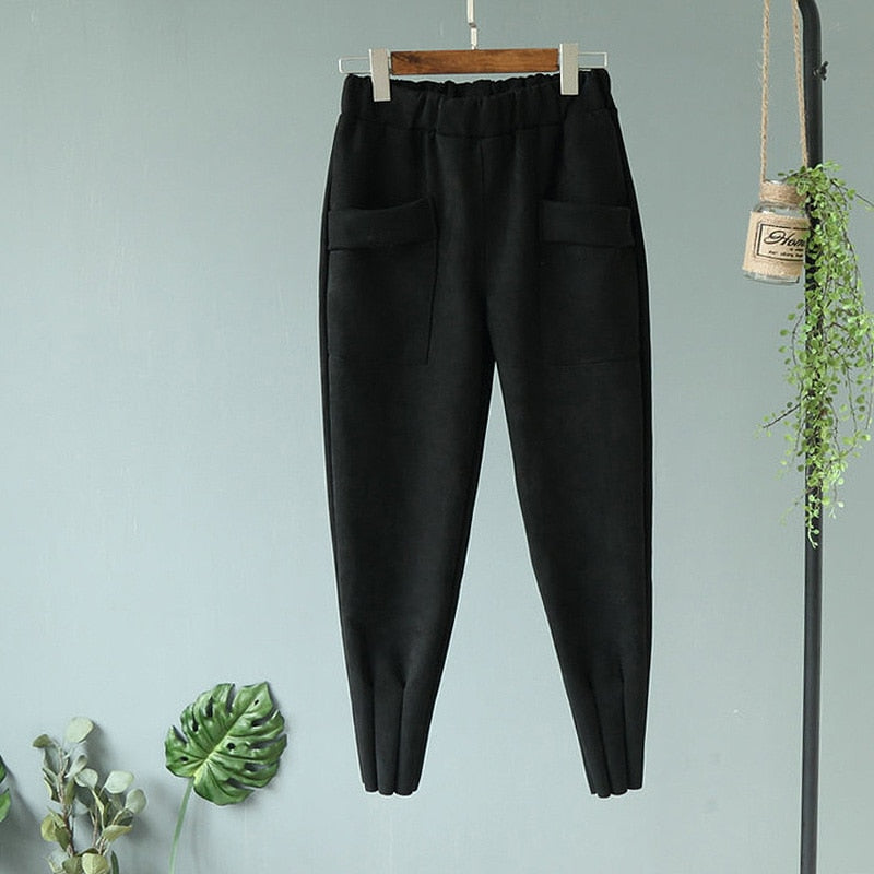 Casual Autumn Winter Women Pants Korean Elastic High Waist Pockets Suede Harem Pants Trousers Women Pantalon Femme
