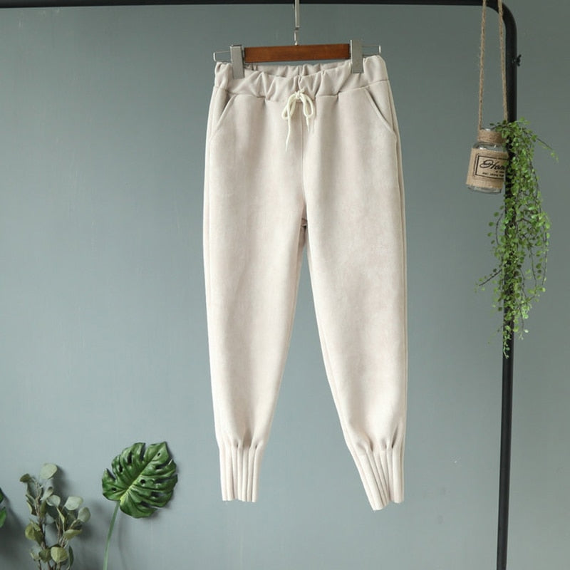Casual Autumn Winter Women Pants Korean Elastic High Waist Pockets Suede Harem Pants Trousers Women Pantalon Femme