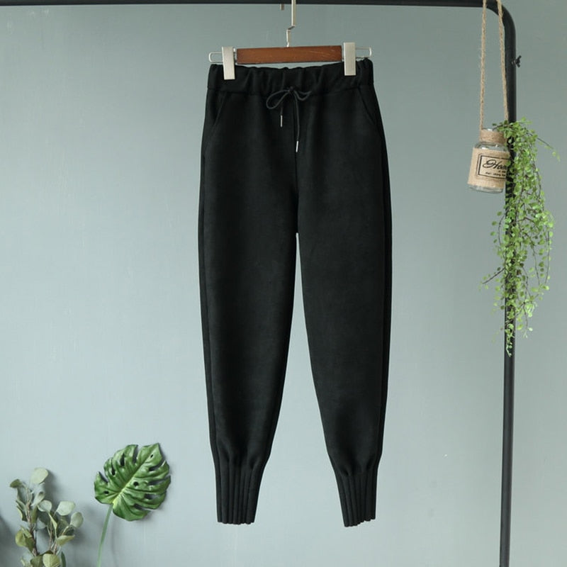 Casual Autumn Winter Women Pants Korean Elastic High Waist Pockets Suede Harem Pants Trousers Women Pantalon Femme