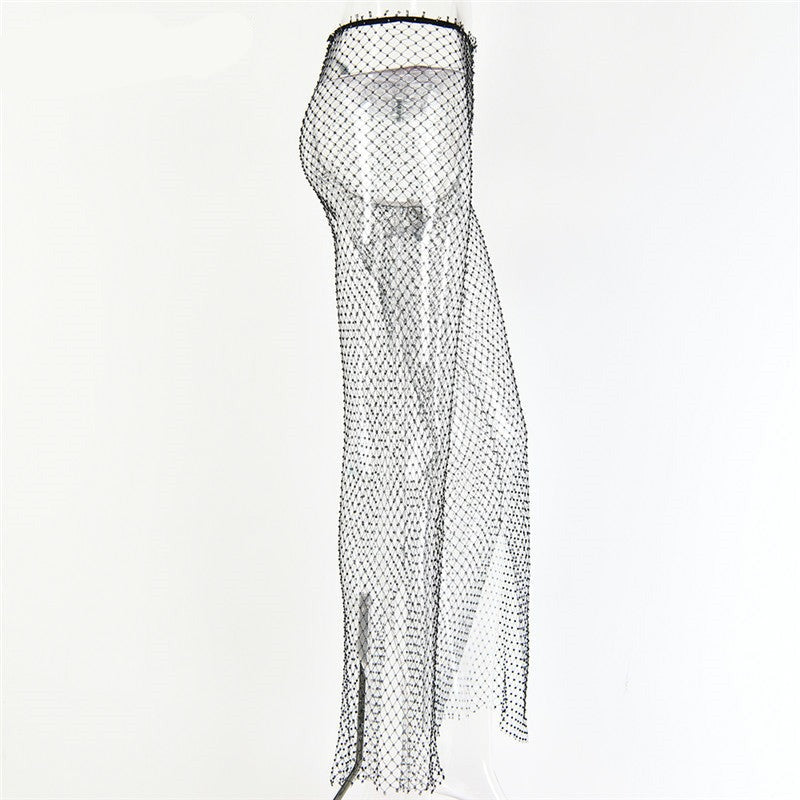 New Crystal Diamond Shiny Women Pants Summer Sexy Hollow Out Elastic Fishnet Trousers Fashion See Through Beachwear sixsr
