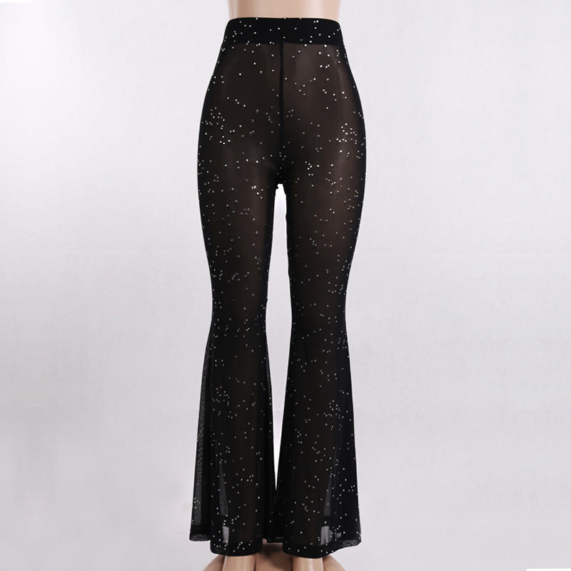 sixsr Hot Sparkly Rhinestone Black Mesh Sexy Flare Pants Streetwear Rave Bottoms See Through Beach Bell Bottom Pants C66-BE16