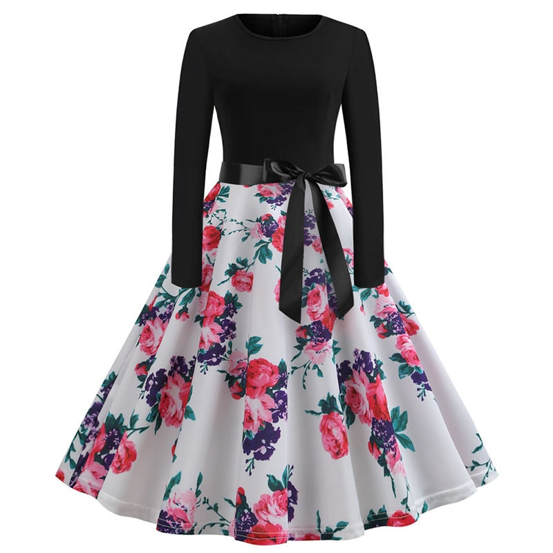 Sixsr Winter Christmas Dresses Women 50S 60S Vintage Robe Swing Pinup Elegant Party Dress Long Sleeve Casual Plus Size Print Black