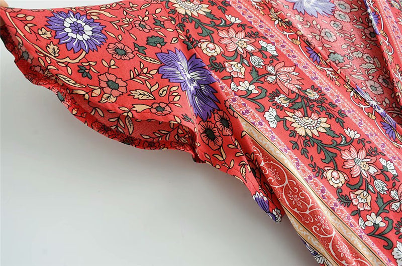 Sixsr Vintage chic vestidos women Floral print bat sleeve beach long Bohemian maxi dress Ladies sexy V neck Summer Boho happie dress