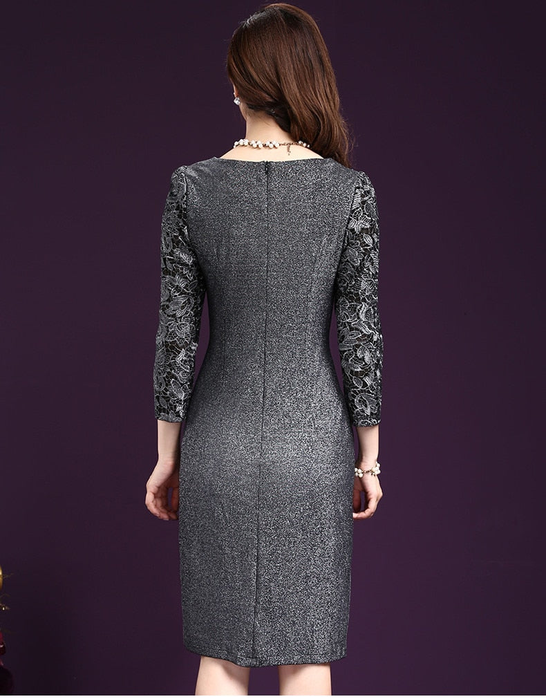 Sixsr Women Sexy Dress autumn Elegant Women Winter 3/4 Sleeve Knee Length Vintage Ol Work Wear Bodycon Lace Crochet Dresses 4XL