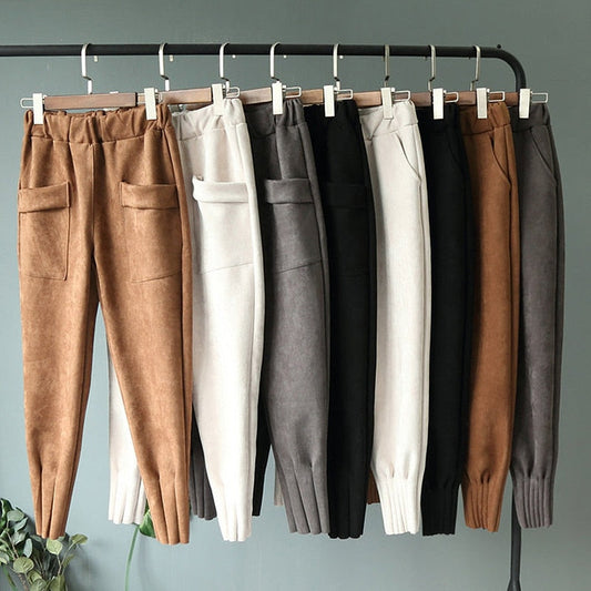 Casual Autumn Winter Women Pants Korean Elastic High Waist Pockets Suede Harem Pants Trousers Women Pantalon Femme