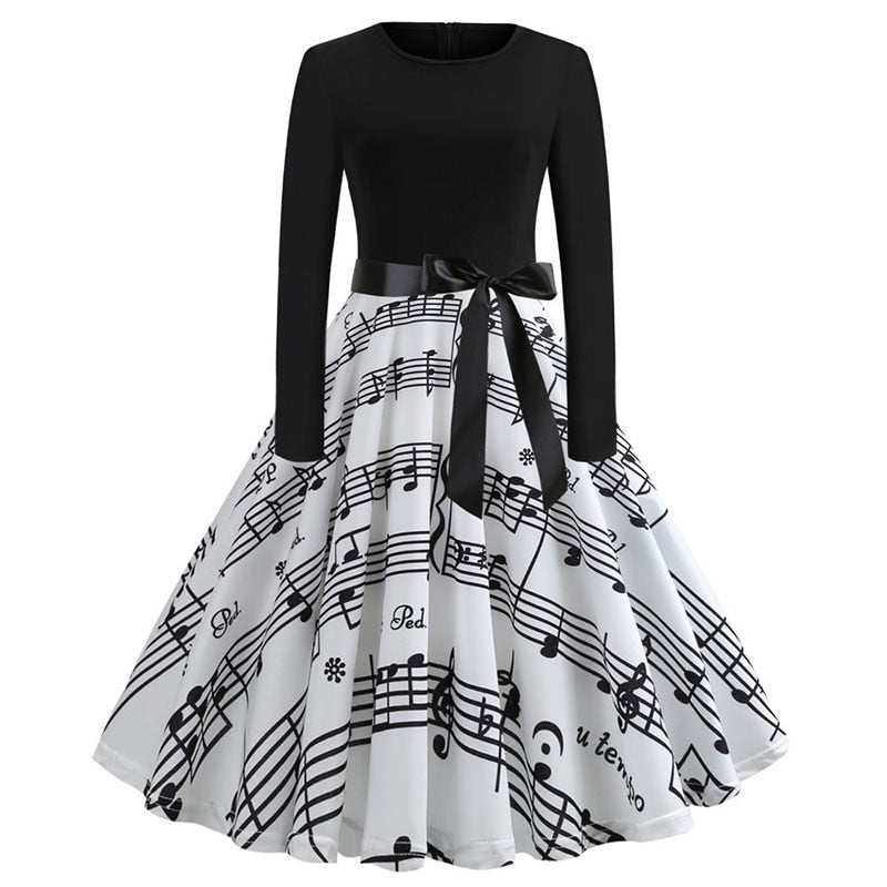 Sixsr Winter Christmas Dresses Women 50S 60S Vintage Robe Swing Pinup Elegant Party Dress Long Sleeve Casual Plus Size Print Black
