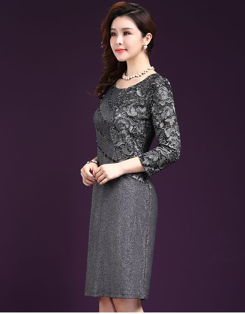 Sixsr Women Sexy Dress autumn Elegant Women Winter 3/4 Sleeve Knee Length Vintage Ol Work Wear Bodycon Lace Crochet Dresses 4XL