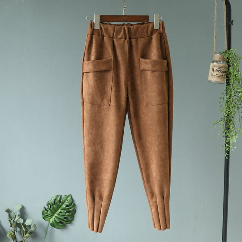 Casual Autumn Winter Women Pants Korean Elastic High Waist Pockets Suede Harem Pants Trousers Women Pantalon Femme