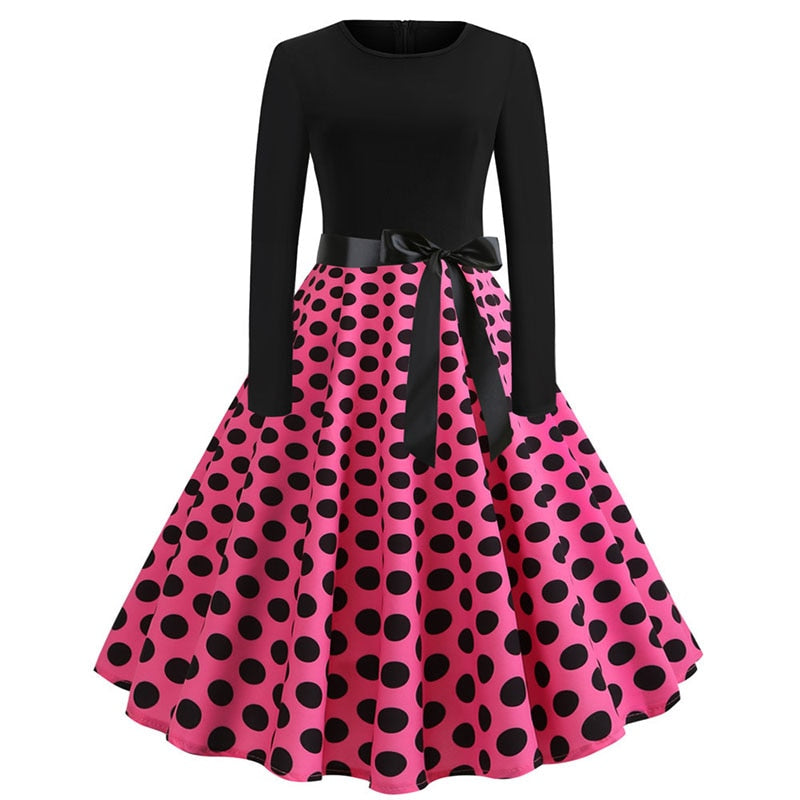 Sixsr Winter Christmas Dresses Women 50S 60S Vintage Robe Swing Pinup Elegant Party Dress Long Sleeve Casual Plus Size Print Black