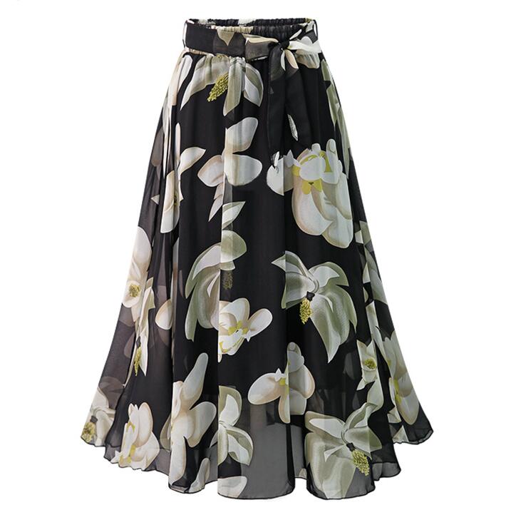 sixsr  New Plus Size Women Chiffon Skirt Europe Fashion Bow Saia Midi Lining Jupe Femme Lace Up Falda Mujer Summer Print Floral Skirts