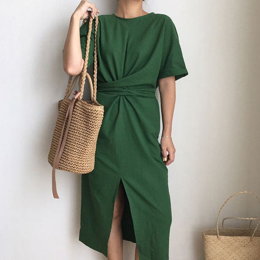 Sixsr women's summer cotton bodycon vintage long dress female short sleeve bandage vestidos split plus size dresses