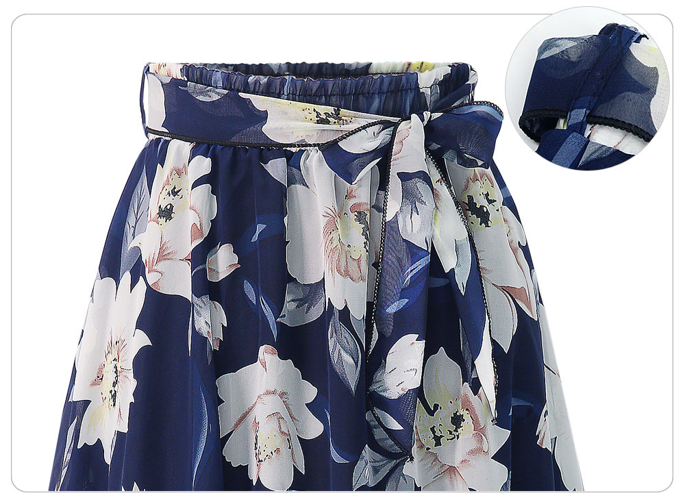 sixsr  New Plus Size Women Chiffon Skirt Europe Fashion Bow Saia Midi Lining Jupe Femme Lace Up Falda Mujer Summer Print Floral Skirts