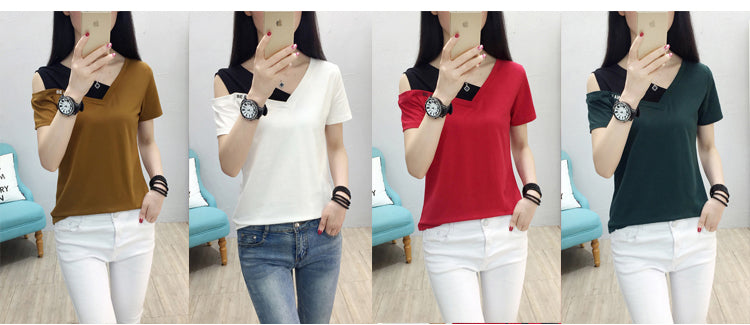 sixsr Fake Two Piece Tops Women T-Shirt Off Shoulder Tshirt Short Sleeve V-Neck Korea Fashion Summer Cotton Tee Shirt Femme