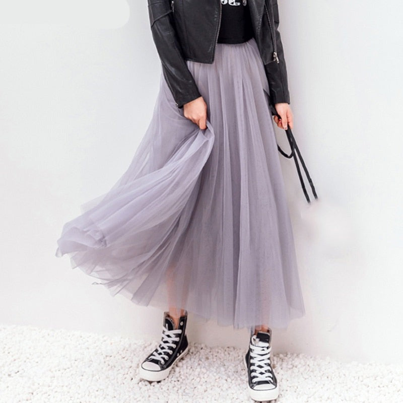 sixsr  Autumn Winter Vintage Tulle Skirt Women Elastic High Waist Mesh Skirts Long Pleated Tutu Skirt Female Jupe Longue