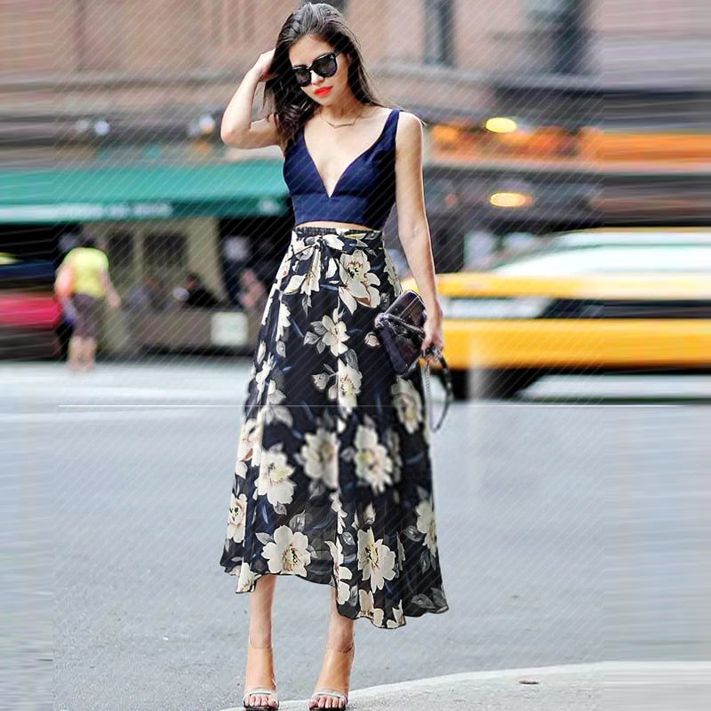 sixsr  New Plus Size Women Chiffon Skirt Europe Fashion Bow Saia Midi Lining Jupe Femme Lace Up Falda Mujer Summer Print Floral Skirts