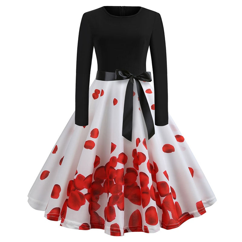 Sixsr Winter Christmas Dresses Women 50S 60S Vintage Robe Swing Pinup Elegant Party Dress Long Sleeve Casual Plus Size Print Black