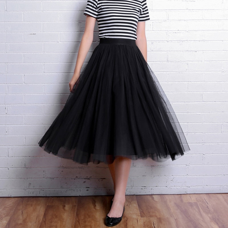 sixsr  Autumn Winter Vintage Tulle Skirt Women Elastic High Waist Mesh Skirts Long Pleated Tutu Skirt Female Jupe Longue