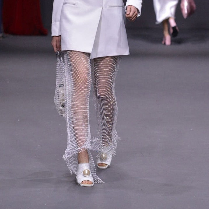 New Crystal Diamond Shiny Women Pants Summer Sexy Hollow Out Elastic Fishnet Trousers Fashion See Through Beachwear sixsr
