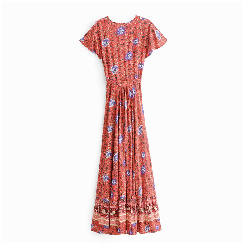 Sixsr Vintage chic vestidos women Floral print bat sleeve beach long Bohemian maxi dress Ladies sexy V neck Summer Boho happie dress