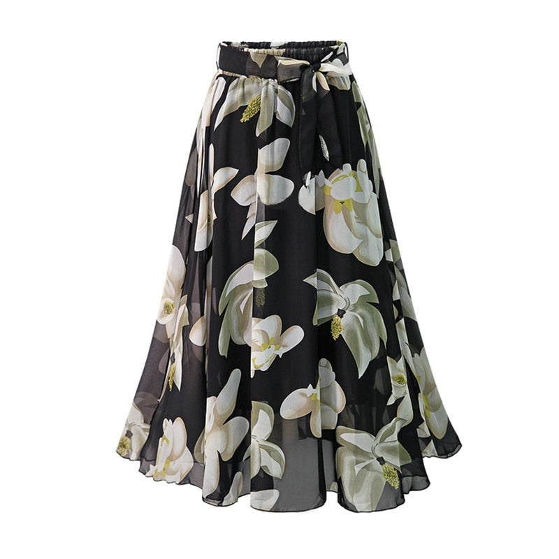 sixsr  New Plus Size Women Chiffon Skirt Europe Fashion Bow Saia Midi Lining Jupe Femme Lace Up Falda Mujer Summer Print Floral Skirts