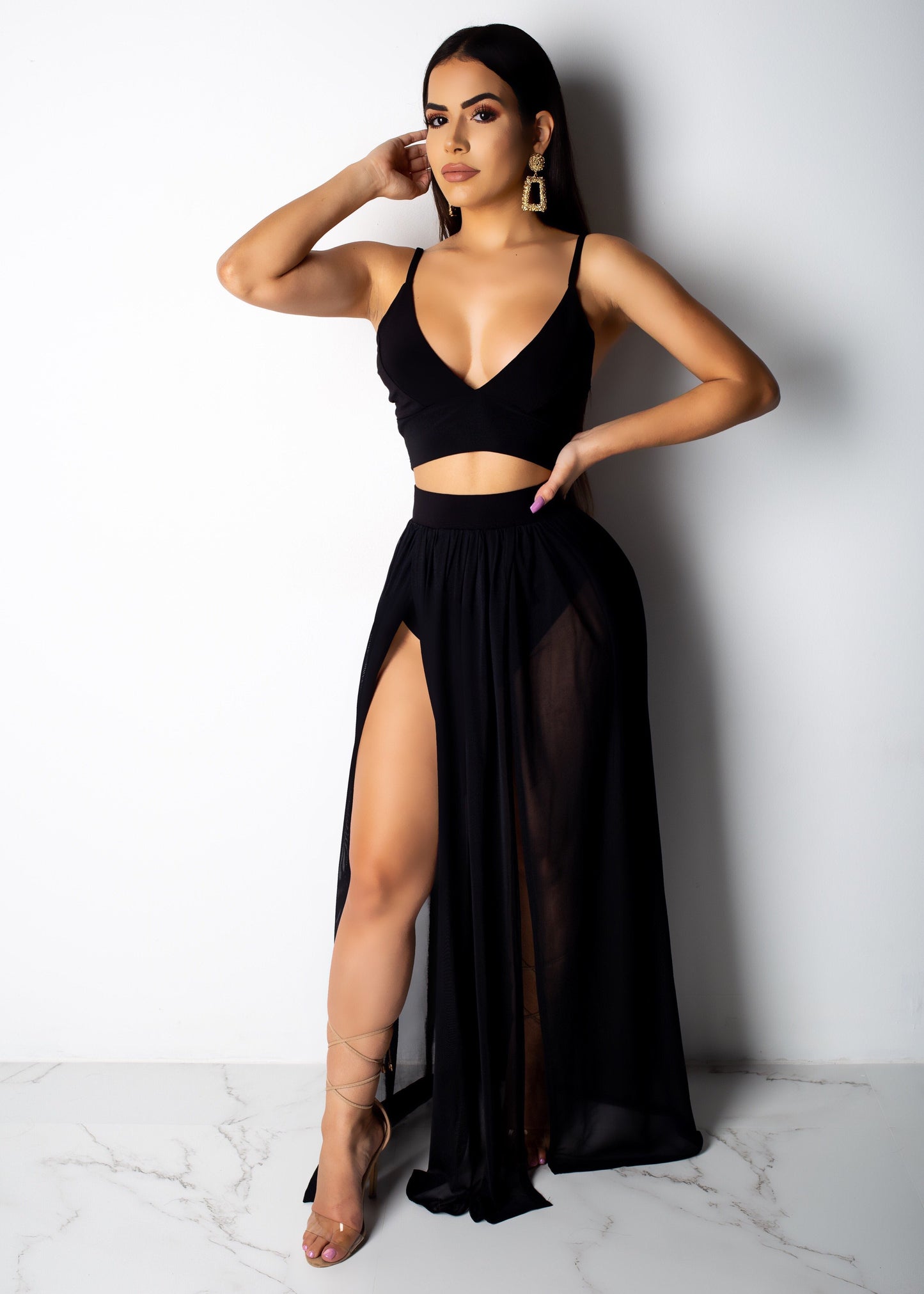 sixsr  Sexy Women Set Two Pieces Spaghetti Strap Top Long Slit Skirt Summer Chiffon 2 Pieces Set Outfit Solid Pattern Outdoor Wear