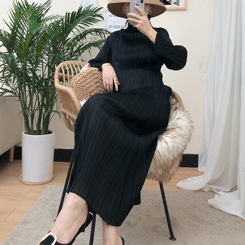 sixsr Trends Spring Winter Miyake Pleated Women Comfortable Dress Long Sleeve High Quality Korean Style Casual Aesthetic Clothes