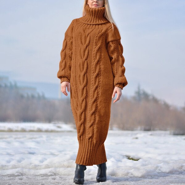 Sixsr Sweater Dress Women Long Sleeve High Neck Knitted Pullover Dress Soft Warm Solid Color Oversize Bodycon Jumper Female Dress