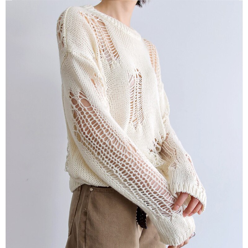 Sixsr Autumn New Korean Style Long-sleeved Sexy Hole Sweater Asymmetric Hem Loose Pullover Hollow Out Thin Knit Sweater Jumper Tops