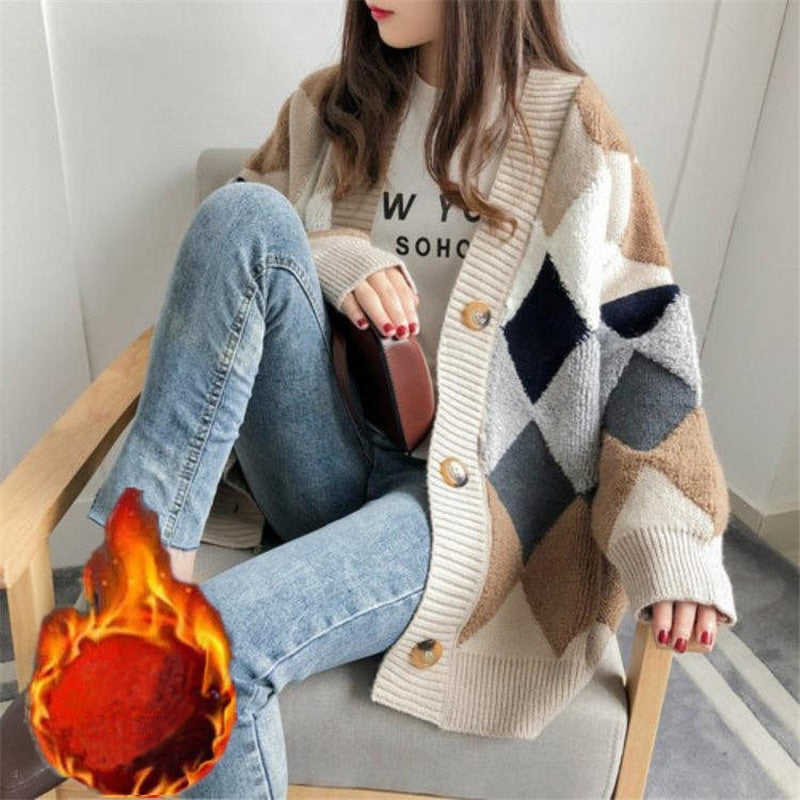 Sixsr Womens Fashion Spring Winter Women's Plaid Plus Velvet Warm Knitted Sweaters Cardigans Long Sleeve Checkered Coat Oversize Sweater Jackets