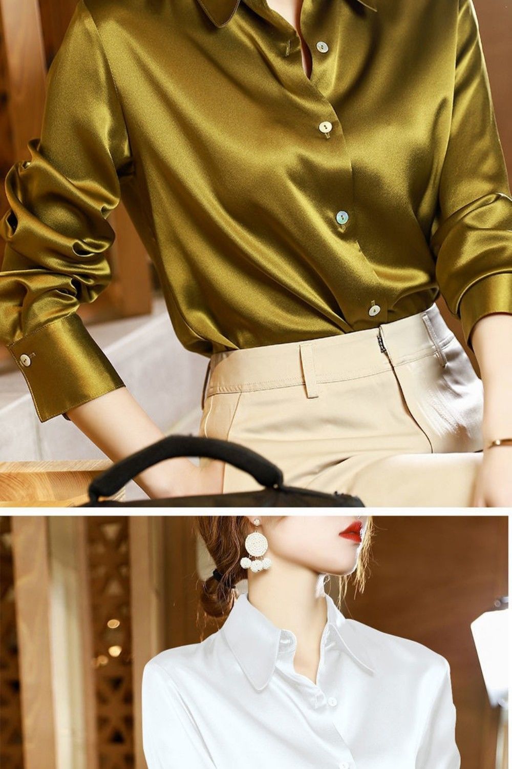 Sixsr Brand Quality Luxury Women Shirt Elegant Office Button Up Long Sleeve Shirts Momi Silk Crepe Satin Blouses for Women Fashion Business Ladies Top