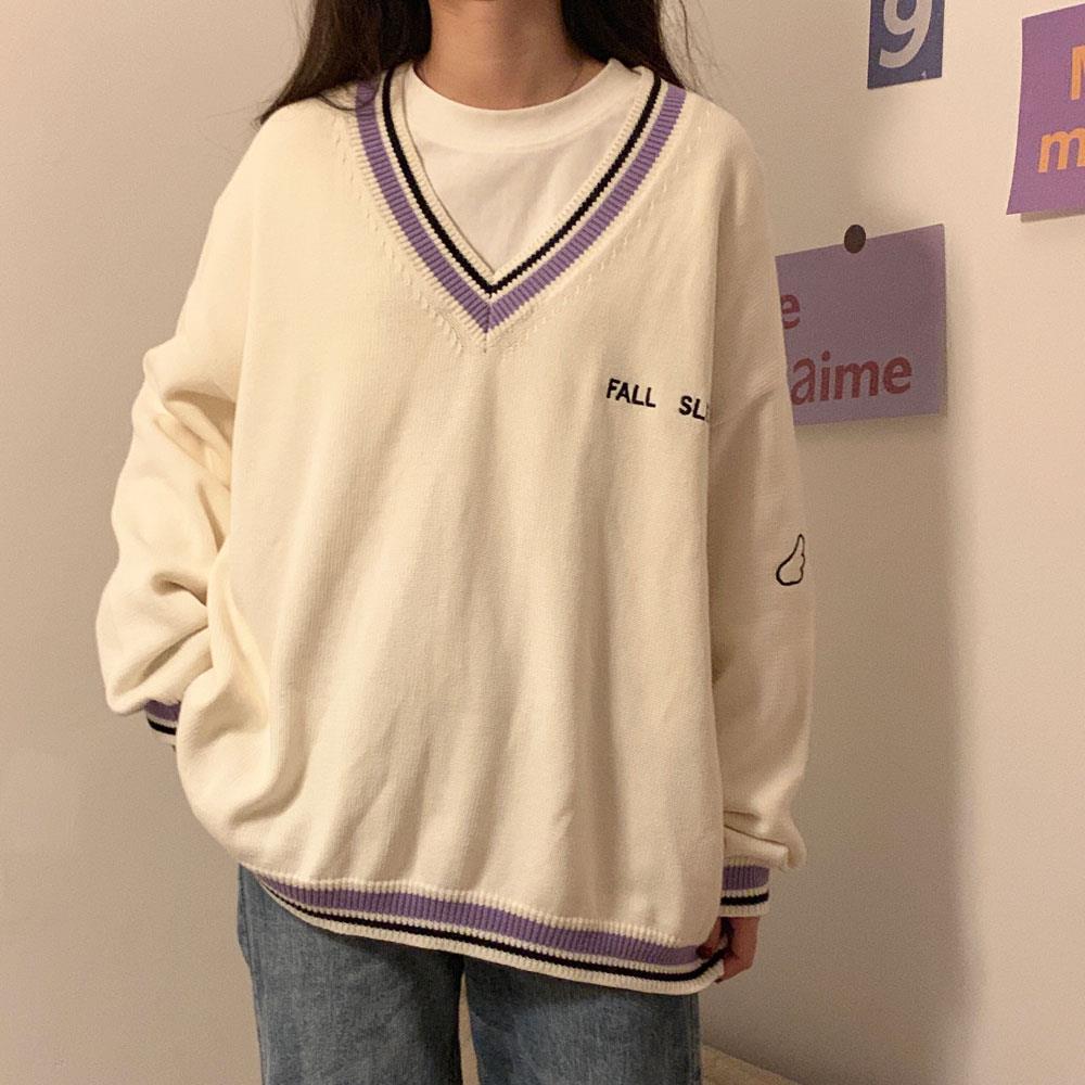 Sixsr  Fashion Trends Sweaters Women Ulzzang Letter Chic Vintage V-neck Daily Oversize Preppy Girls Knitwear Fall Casual All-match Ins Womens Sweater