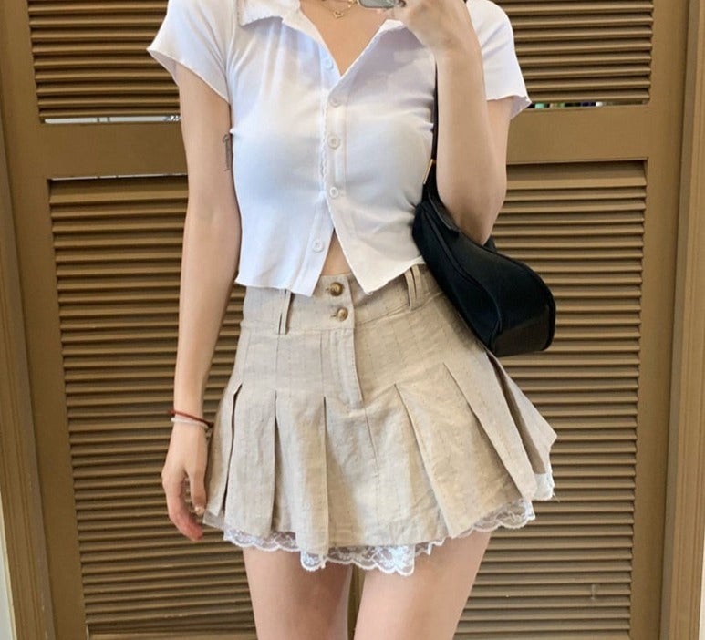 Sixsr Sweetown Korean Fashion Khaki Short Skirt Lace Trim Cute Pleated Skirts Womens Preppy Style Button Up High Waist Summer Skirt