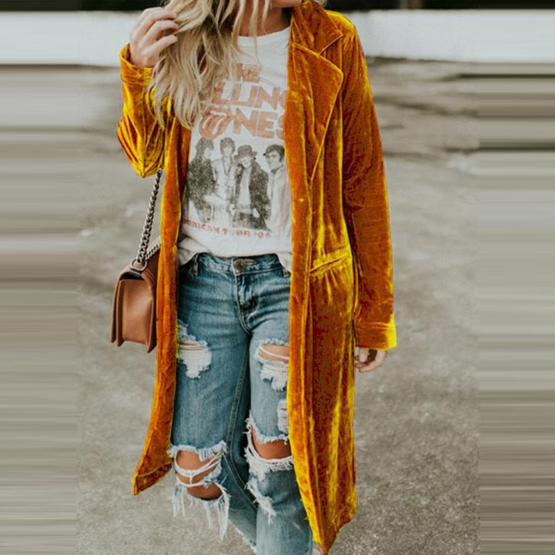 Sixsr Hot Sell Quality New Fashion Fall Winter Women Lapel Cardigan Buttons Long Jacket Casual Solid Color Golden Velvet Office Lady Elegant Soft Coats