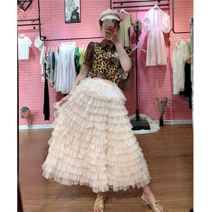 sixsr jupe femme ete Spring Party Skirt Elastic High Waist Long Tulle Skirt Women Multilayer ruffles Pink Mesh Tutu Skirt Ladies