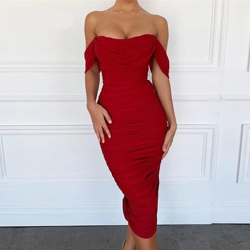 Sixsr Trends high quality Off Shoulder Ruched Double Layer Mesh Dress Women Long Sleeve Sexy Dresses Ladies Autumn Party Long Christmas Dress
